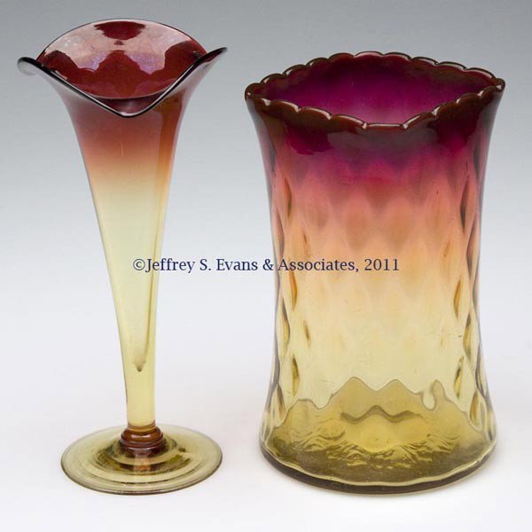AMBERINA VASES, LOT OF TWO: AMBERINA VASES, LOT OF TWO, comprising a Diamond-Optic celery vase with strong fuchsia at rim and polished pontil mark, and an unpatterned Lily vase. W. L. Libbey & Sons and others. Fourth quarter 19t