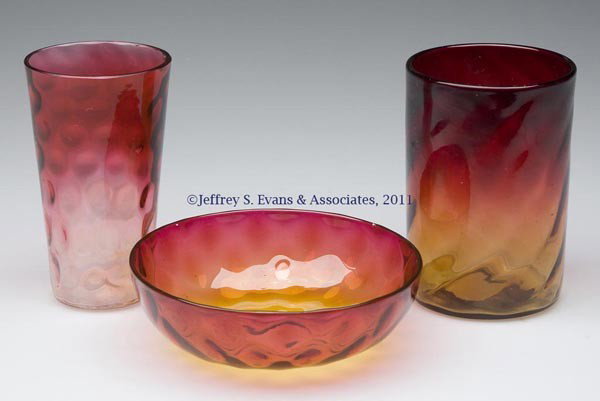 AMBERINA OPTIC PATTERN ARTICLES, LOT OF THREE: AMBERINA OPTIC PATTERN ARTICLES, LOT OF THREE, various patterns, comprising a tumbler and sauce dish, each with polished pontil mark, and a champagne tumbler. Mt. Washington Glass Co. and possibly oth
