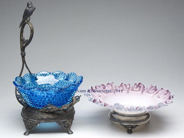 VICTORIAN BOWL AND STAND: VICTORIAN BOWL AND STAND, comprising a cased lavender mold-blown Greek Key bowl with tooled rim fitted in a simple silver-plate stand; and a Pairpoint quadruple-plate stand with a perched bird atop th