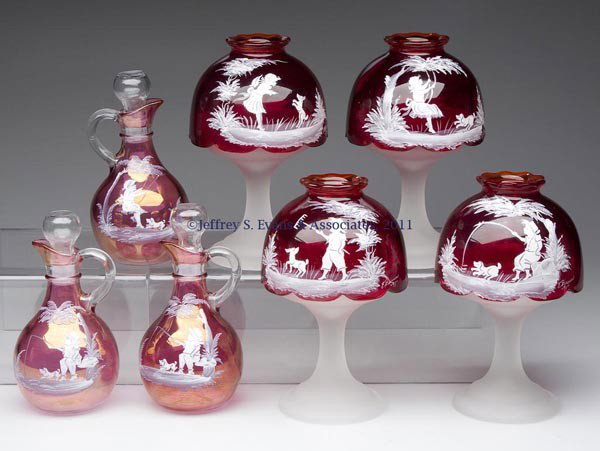 WESTMORELAND MARY GREGORY (SO CALLED) ARTICLES, LO: WESTMORELAND MARY GREGORY (SO CALLED) ARTICLES, LOT OF SEVEN, each with white enamel decoration, comprising set of four ruby mini-candle lights, each on a colorless satin finish base, shades signed "E