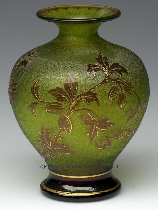 FRENCH ST. LOUIS CAMEO GLASS VASE: FRENCH ST. LOUIS CAMEO GLASS VASE, ruby over green with textured background and gilt tracery, foliate decoration, polished pontil mark with acid etched signature. Late 19th/early 20th century. 5 1/2" 