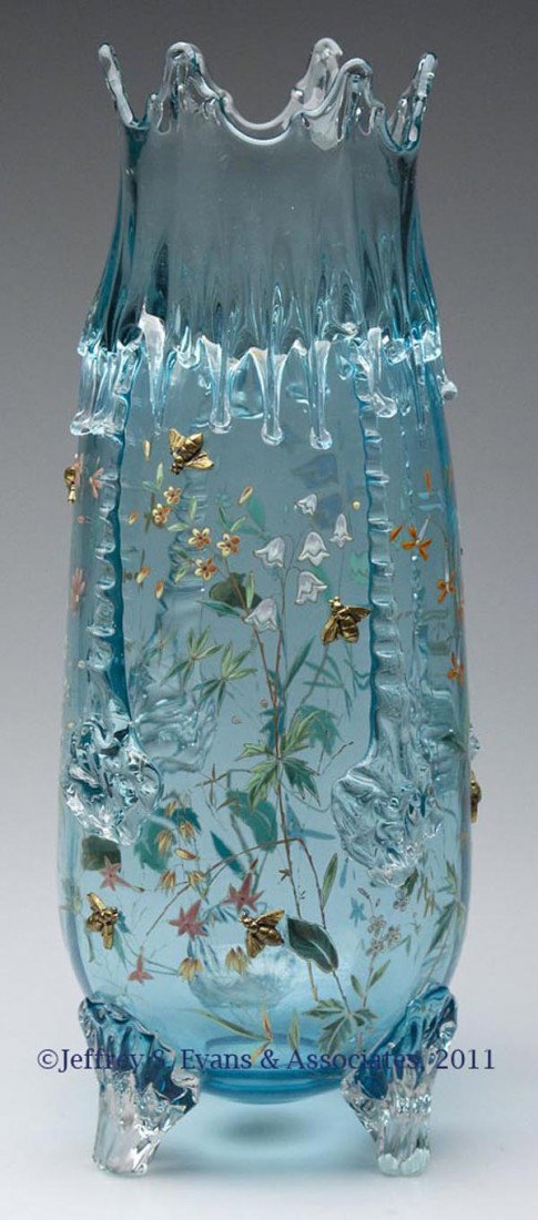 MOSER DECORATED ICICLE LARGE VASE: MOSER DECORATED ICICLE LARGE VASE, pale blue, polychrome enamel floral decoration with ten applied gold bees, raised on three applied feet, polished pontil mark. Early 20th century. 15 1/2" H.