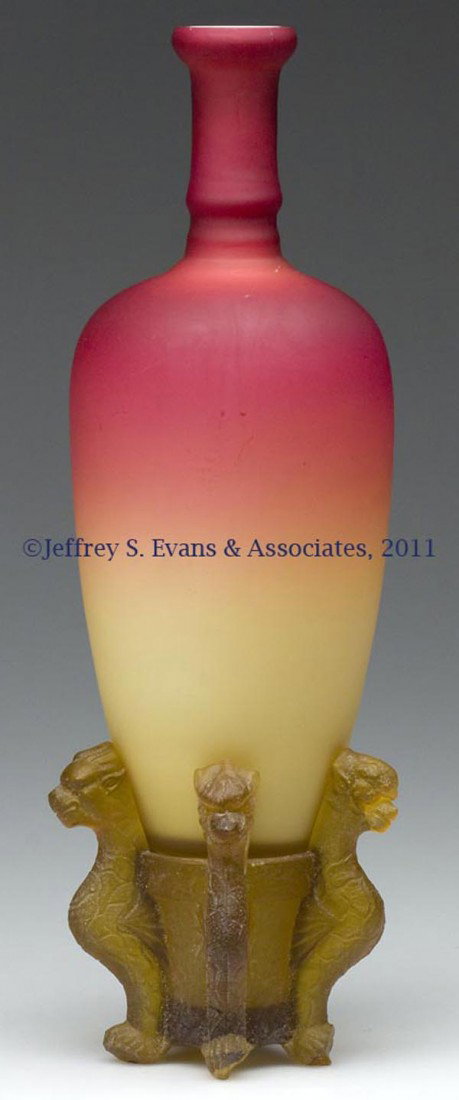 WHEELING CORAL NO. 22 MORGAN VASE: WHEELING CORAL NO. 22 MORGAN VASE, plush/satin finish, polished pontil mark. Along with a damaged stand. Two pieces total. Hobbs, Brockunier & Co. Fourth quarter 19th century. 8" H. Provenance: From a