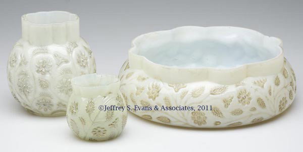 FINDLAY ONYX ARTICLES, LOT OF THREE: FINDLAY ONYX ARTICLES, LOT OF THREE, ivory onyx with platinum flowers, comprising a master berry bowl, spooner, and toothpick holder. Dalzell, Gilmore & Leighton Co. Late 19th/early 20th century. Bowl