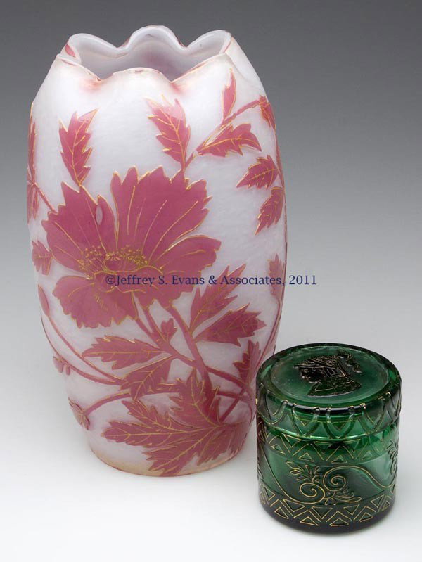CONTINENTAL ACID-CUTBACK ARTICLES, LOT OF TWO: CONTINENTAL ACID-CUTBACK ARTICLES, LOT OF TWO, comprising a translucent white vase with gilt-highlighted floral decoration and tooled rim, polished pontil mark and table ring; and a colorless with gre