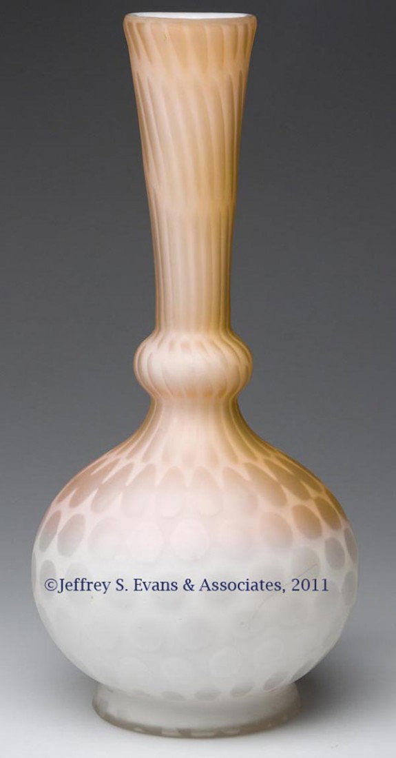 RAINDROP / WINDOWS AIR-TRAP MOTHER-OF-PEARL SATIN : RAINDROP / WINDOWS AIR-TRAP MOTHER-OF-PEARL SATIN GLASS VASE, peach and white, gourd form with a low-bulge neck, polished pontil mark. Fourth quarter 19th century. 12" H. Provenance: From an old Penns