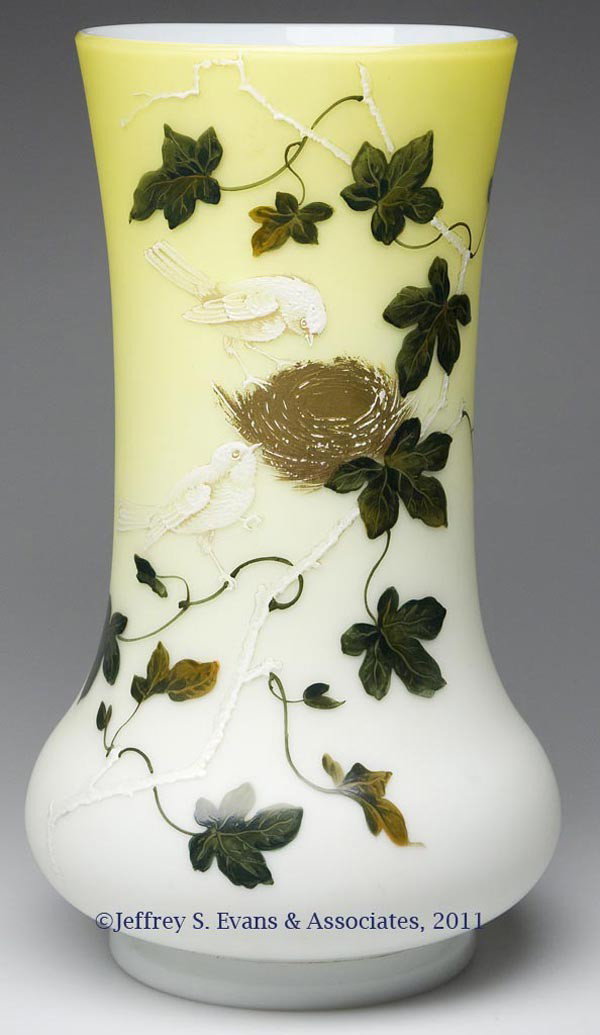 DECORATED SATIN GLASS LARGE VASE / UMBRELLA STAND: DECORATED SATIN GLASS LARGE VASE / UMBRELLA STAND, yellow shaded to white, enamel and gilt decoration depicting a branch with two birds at their nest, factory polished rim. Fourth quarter 19th century