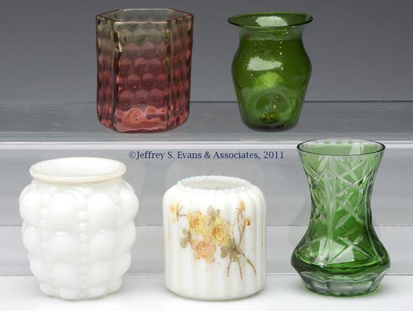 VARIOUS ART AND OTHER GLASS TOOTHPICK HOLDERS, LOT: VARIOUS ART AND OTHER GLASS TOOTHPICK HOLDERS, LOT OF FIVE, various colors, including an opaque white Mt. Washington Rib with polychrome floral decoration and an emerald green blown glass pinched exam