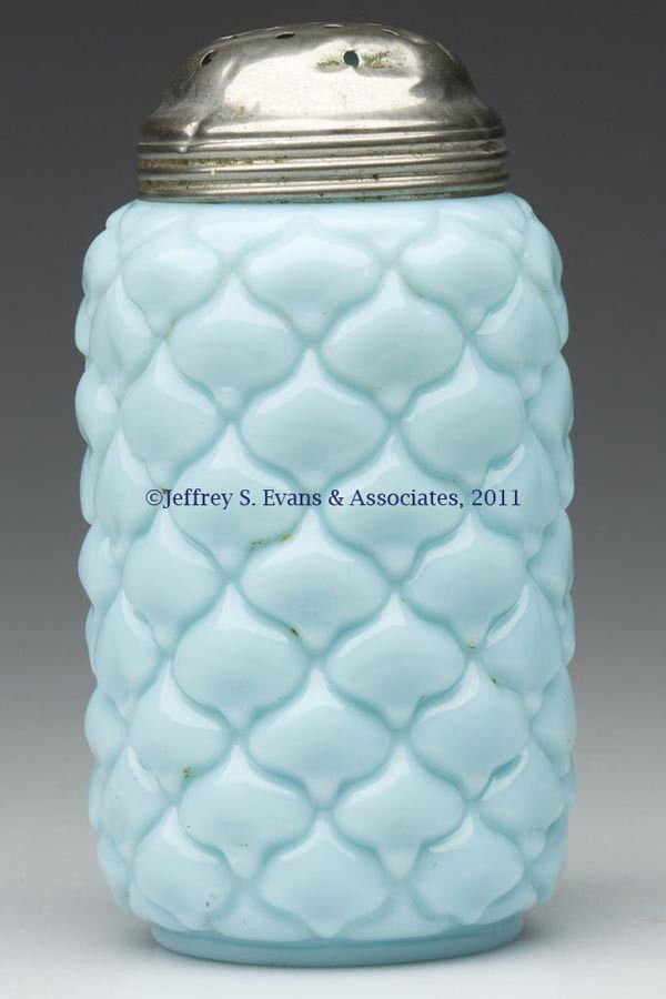CONE SUGAR SHAKER: CONE SUGAR SHAKER, opaque blue, period lid. Consolidated Lamp & Glass Co. Fourth quarter 19th century. 5 1/8" HOA.Provenance: Estate collection of Dorothy and Marshall Jenkins.
