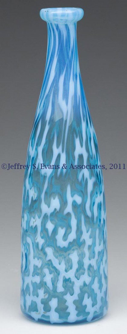 CORAL REEF BARBER BOTTLE: CORAL REEF BARBER BOTTLE, blue opalescent, round tapered form, folded lip, polished pontil mark. Hobbs, Brockunier & Co. and Beaumont Glass Co. Late 19th/early 20th century. 9 1/4" H, 2 5/8" DOA. Prov
