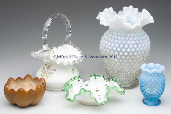VARIOUS FENTON ARTICLES, LOT OF FIVE: VARIOUS FENTON ARTICLES, LOT OF FIVE, comprising Hobnail vases in blue and colorless opalescent, an artist signed Silvercrest basket with violets, a Greencrest whimsy bowl with decoration, and a choco