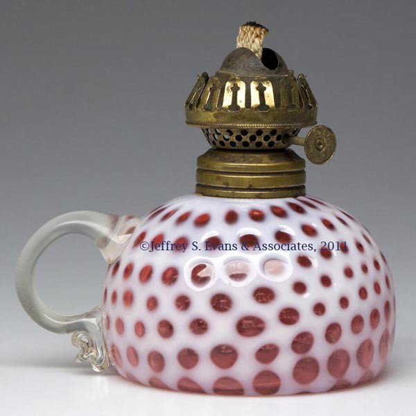 HOBBS' NO. 326 WINDOWS / COIN DOT FINGER LAMP: HOBBS' NO. 326 WINDOWS / COIN DOT FINGER LAMP, Ruby opalescent/cranberry opalescent with strong opalescence, colorless applied handle with light satin finish, No. 1 Taplin-Brown collar, period slip bu
