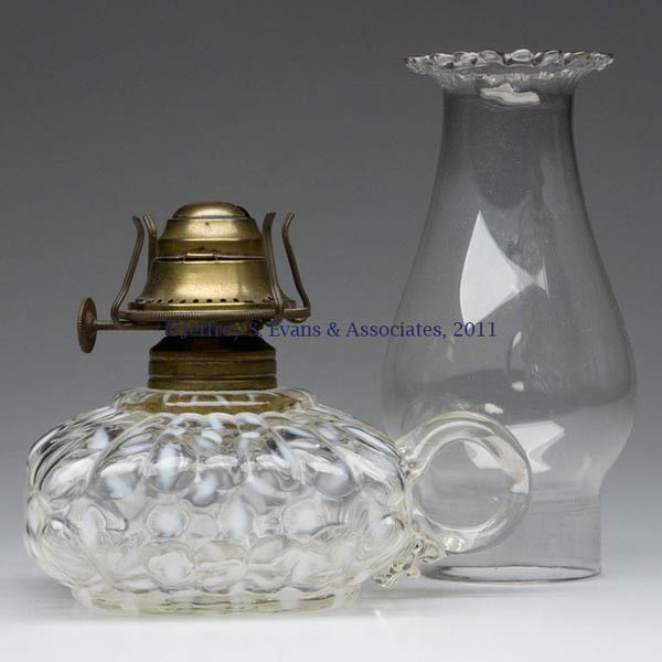 HOBBS' NO. 341 / SNOWFLAKE FINGER LAMP: HOBBS' NO. 341 / SNOWFLAKE FINGER LAMP, Crystal opalescent/colorless opalescent, colorless applied handle, No. 1 Taplin-Brown collar, period No. 0 slip burner and chimney with small petal top. Hobbs,