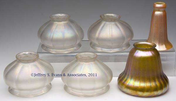 ASSORTED ART GLASS RIB-OPTIC SHADES, LOT OF SIX: ASSORTED ART GLASS RIB-OPTIC SHADES, LOT OF SIX, including a set of four Steuben Verre De Soie, each stamped with fleur-de-lis mark, other two unmarked. Steuben and others. First quarter 20th century.