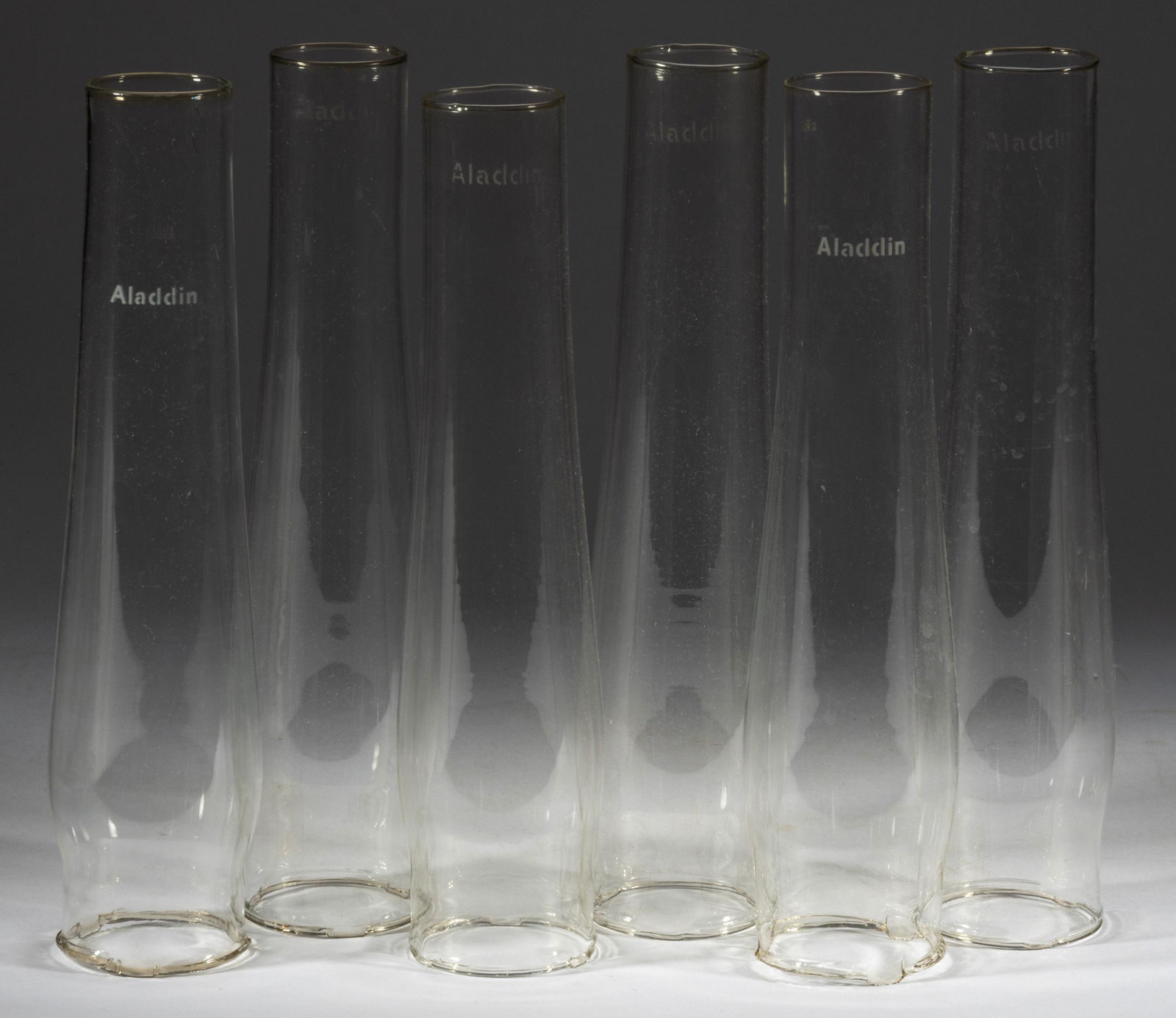 ALADDIN SINGLE LINE GLASS KEROSENE LAMP LOX-ON CHIMNEYS, LOT OF SIX (1 of 1)