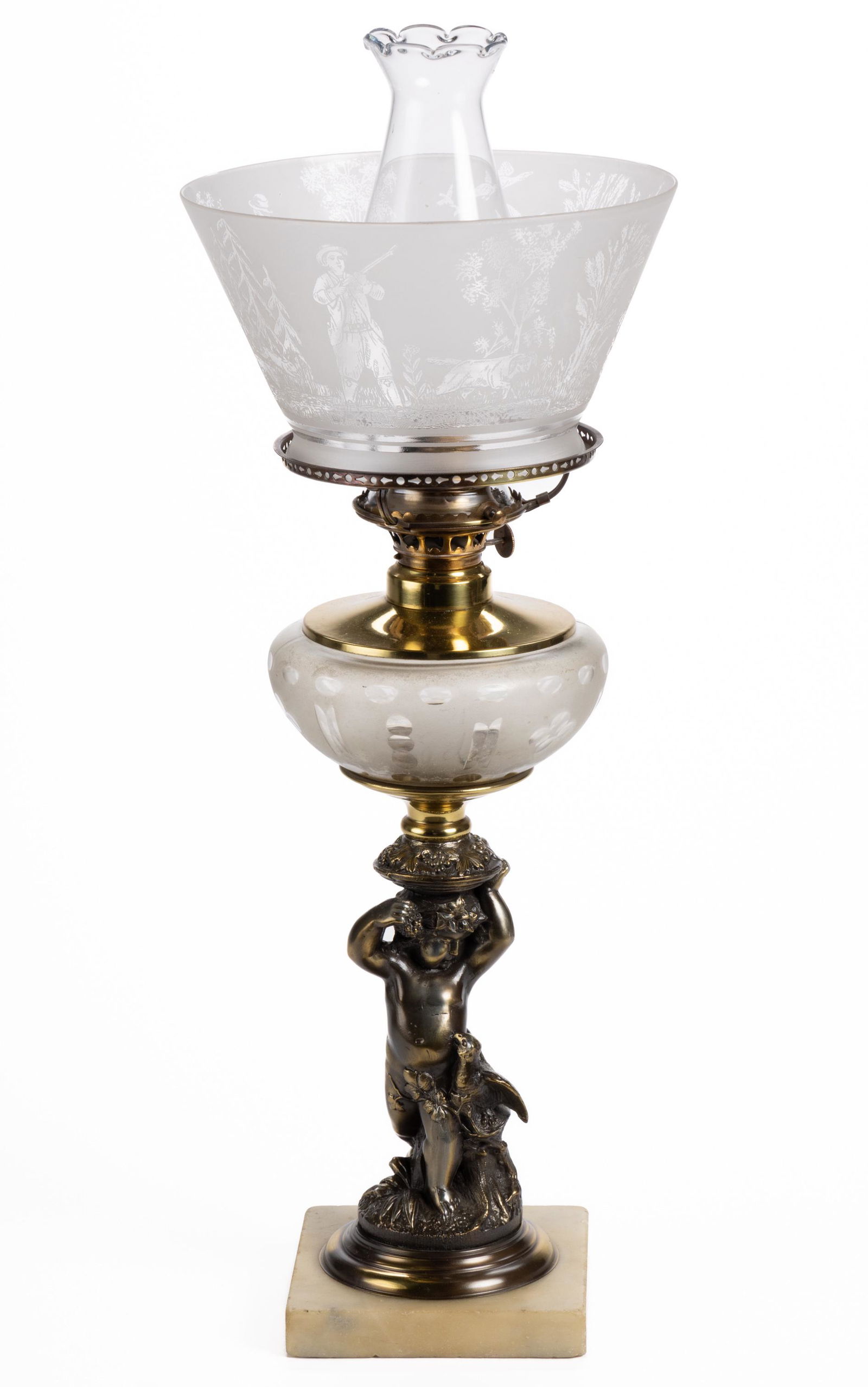 VICTORIAN CHERUB AND PHEASANT FIGURAL STEM KEROSENE STAND LAMP (1 of 2)
