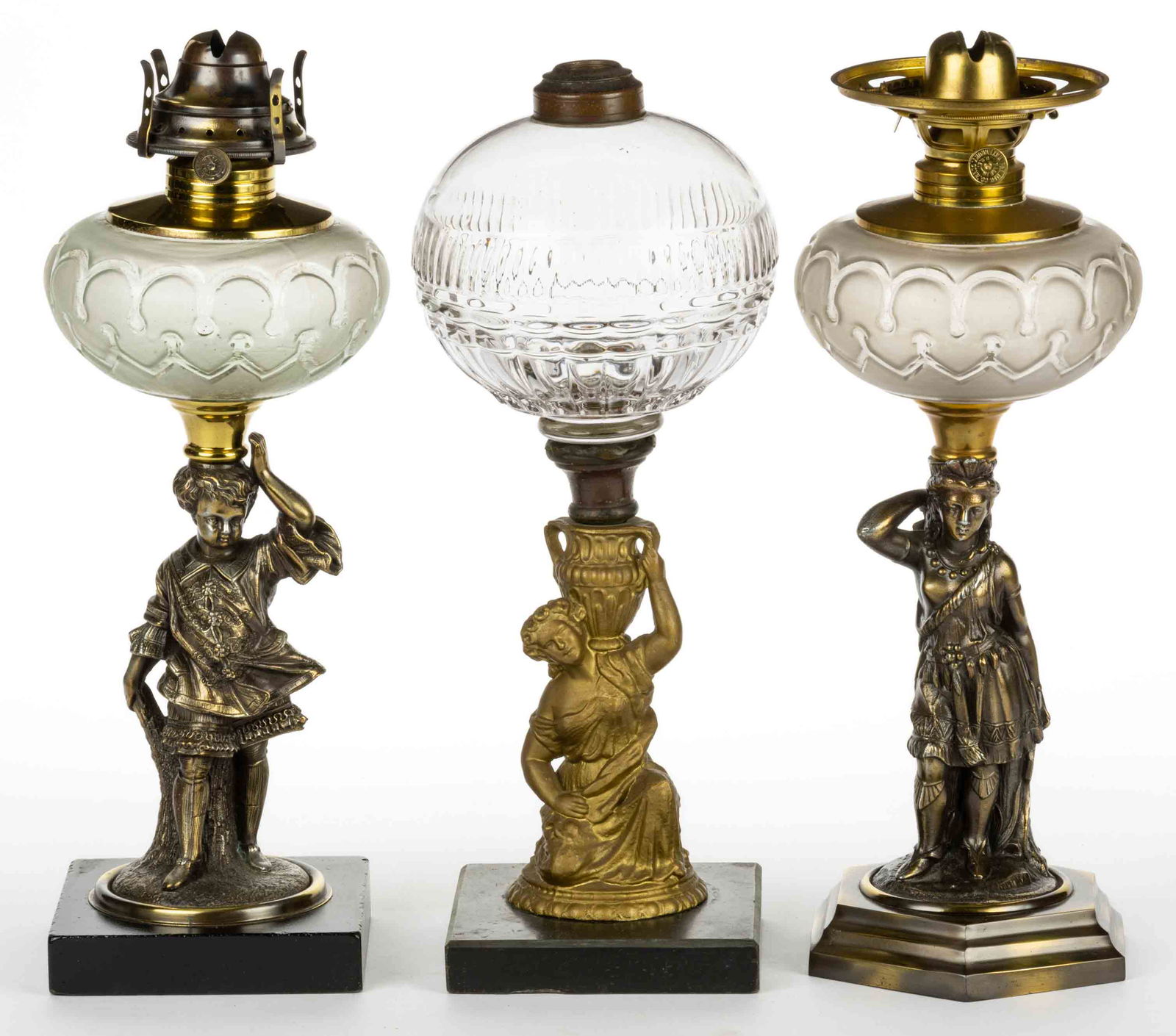 VICTORIAN FIGURAL STEM KEROSENE STAND LAMPS, LOT OF THREE (1 of 2)