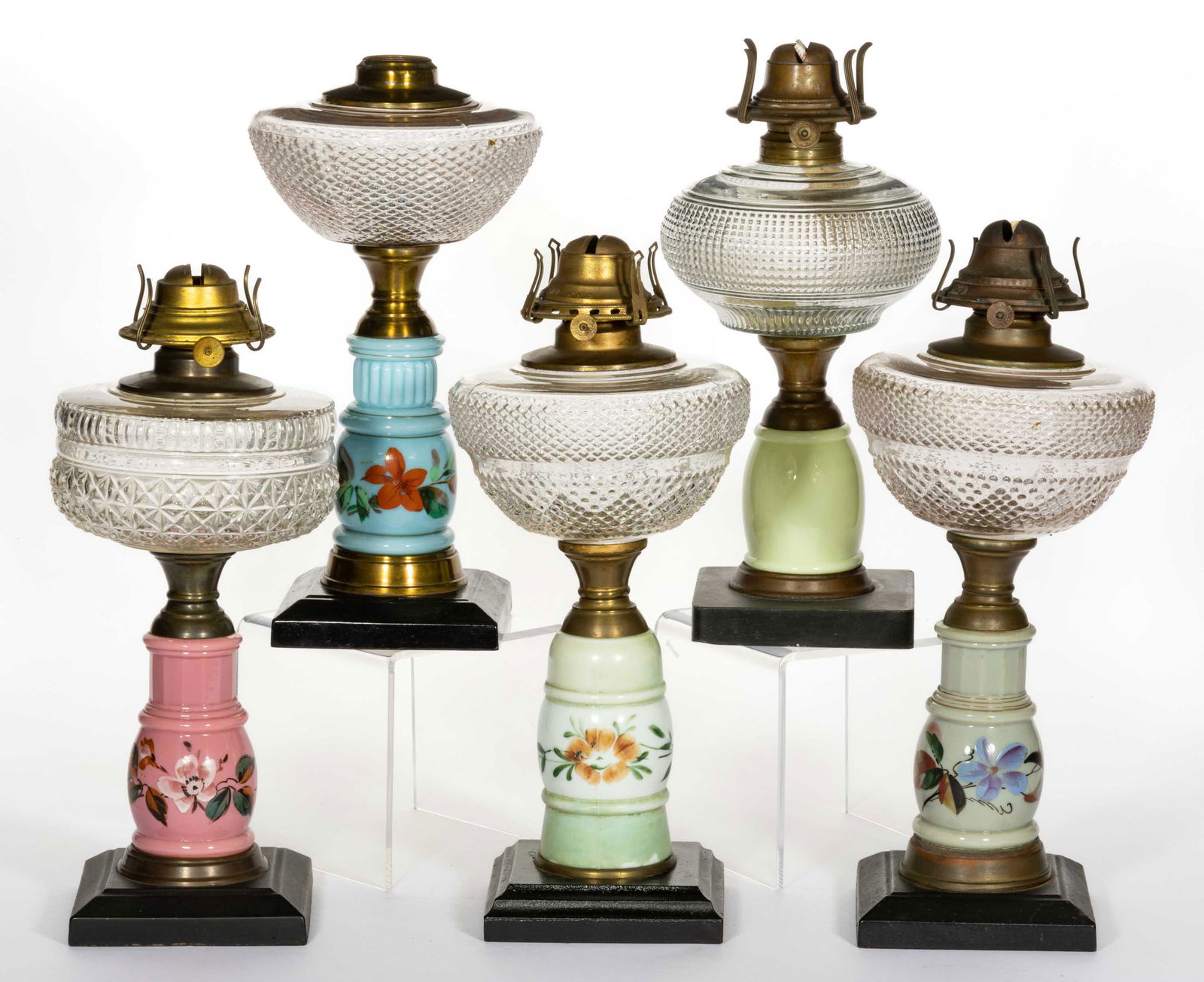 ASSORTED COMPOSITE KEROSENE STAND LAMPS, LOT OF FIVE (1 of 1)