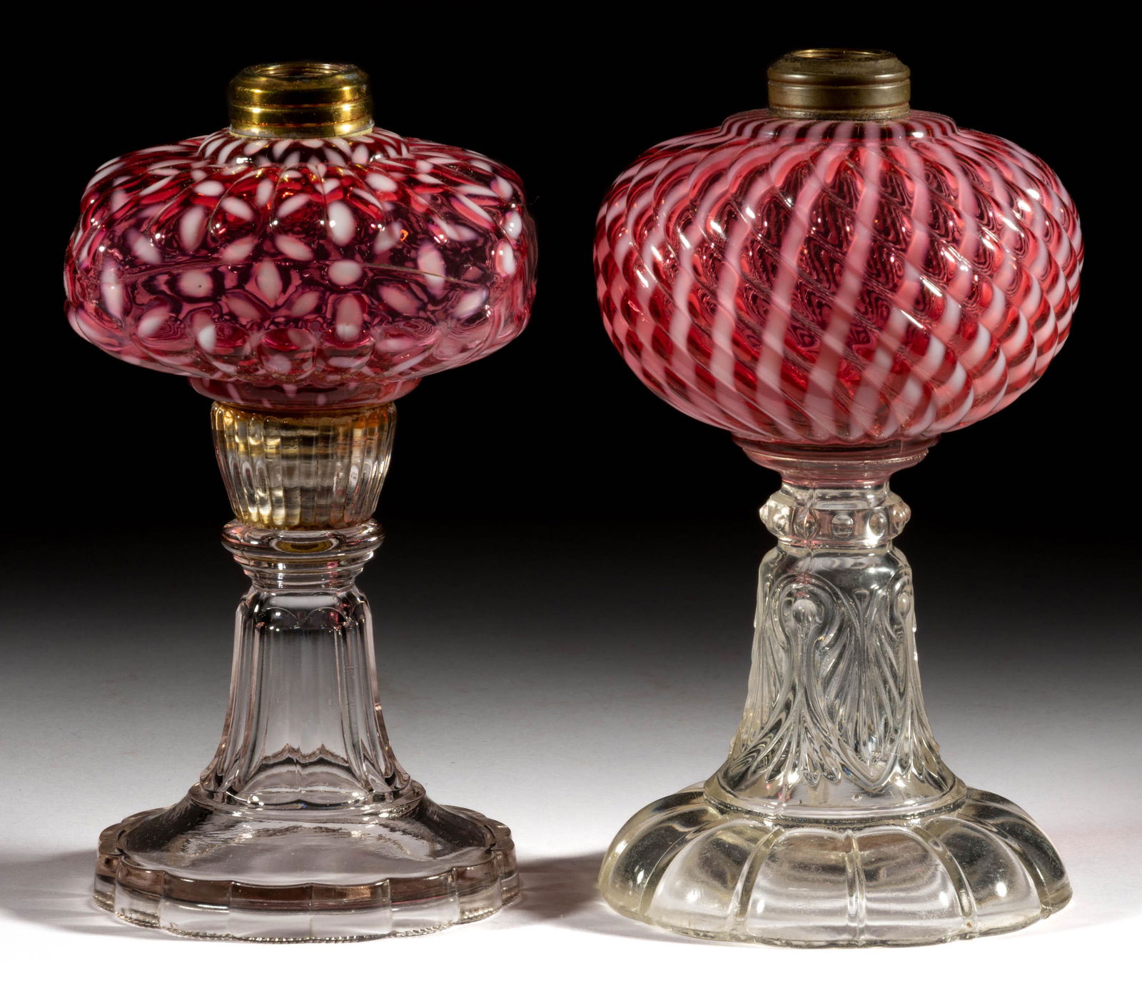 ASSORTED OPALESCENT GLASS KEROSENE STAND LAMPS, LOT OF TWO (1 of 1)