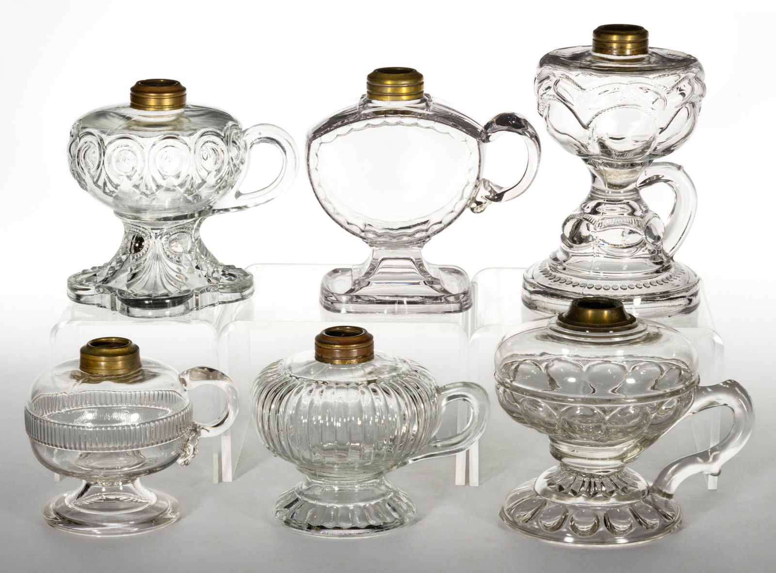 ASSORTED GLASS KEROSENE FOOTED FINGER LAMPS, LOT OF SIX (1 of 1)
