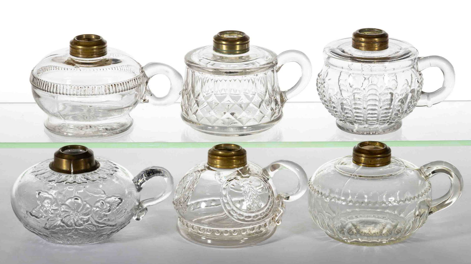 ASSORTED PATTERNED GLASS KEROSENE FINGER LAMPS, LOT OF SIX (1 of 1)