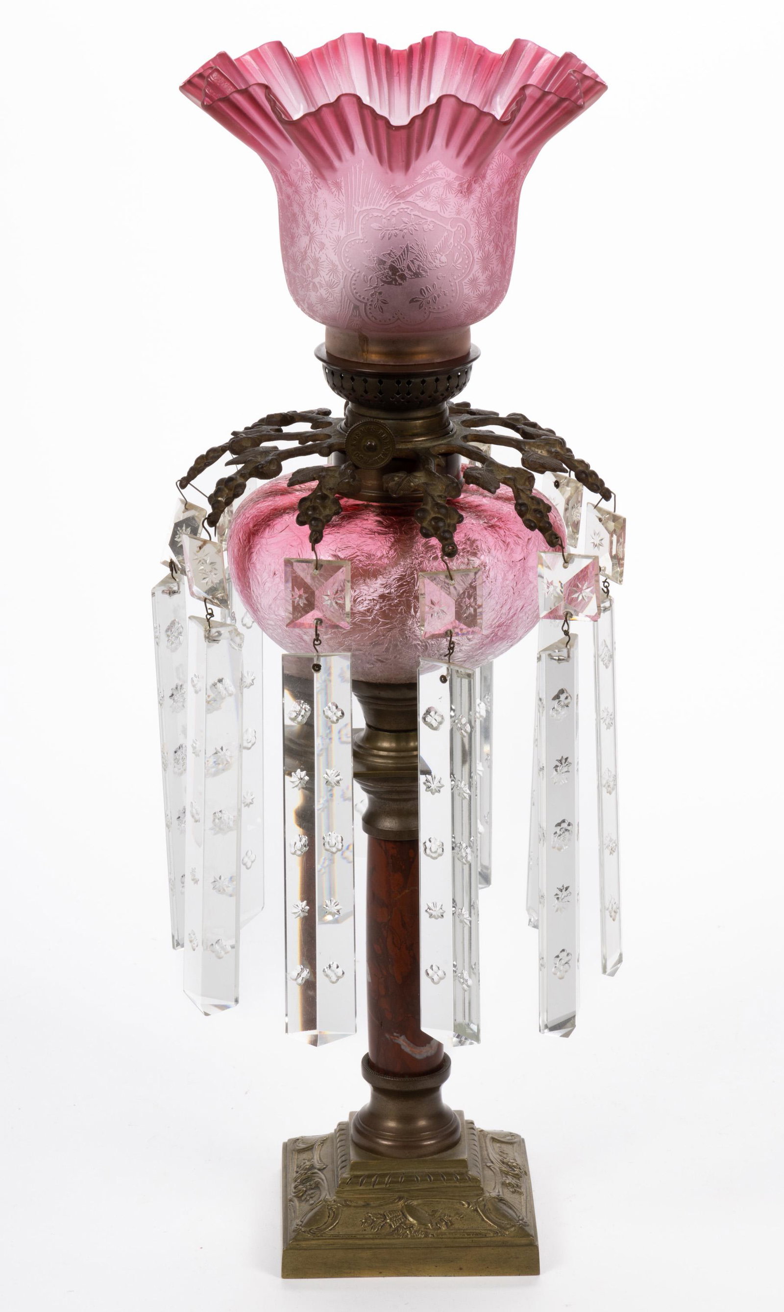 CONTINENTAL GLUE-CHIPPED GLASS AND METAL KEROSENE PEG LAMP (1 of 3)