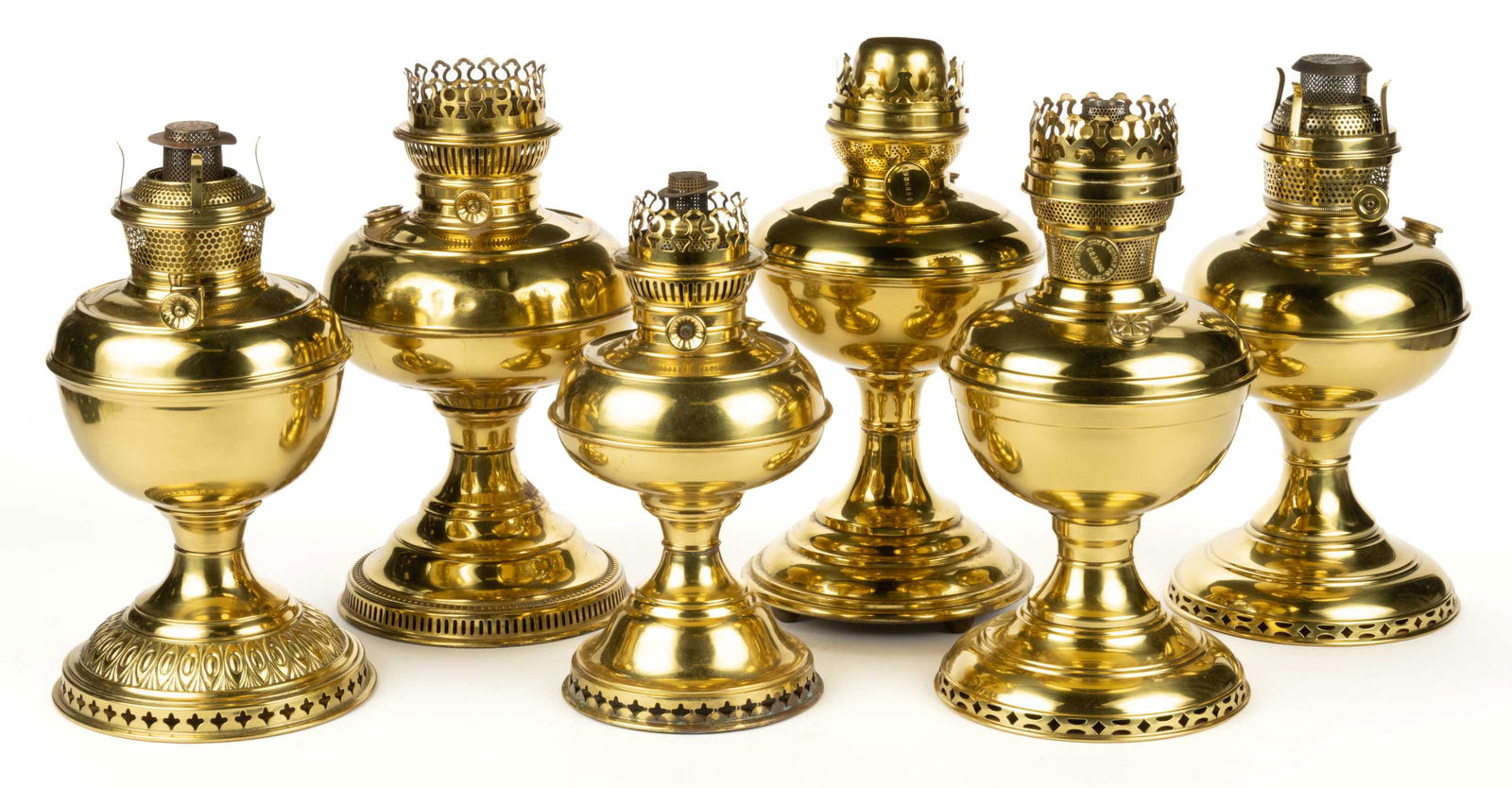 ASSORTED BRASS CENTRAL-DRAFT KEROSENE STAND LAMPS, LOT OF SIX, (1 of 1)