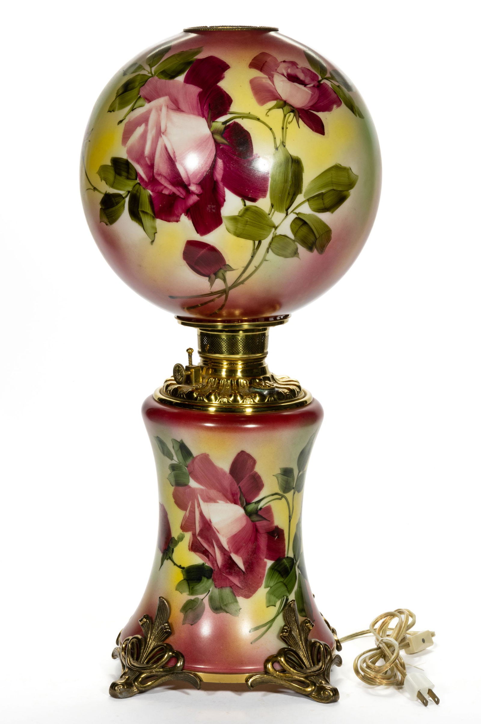 VICTORIAN ROSES ENAMEL-DECORATED GONE WITH THE WIND KEROSENE PARLOR LAMP (1 of 4)