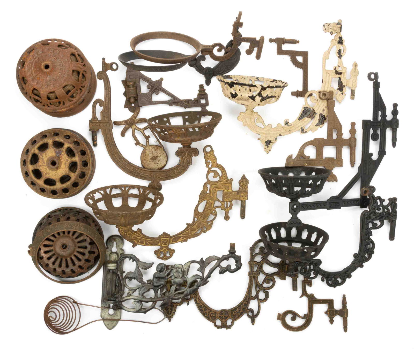 ASSORTED CAST-METAL KEROSENE BRACKET LAMP PARTS, LOT OF 22 (1 of 1)