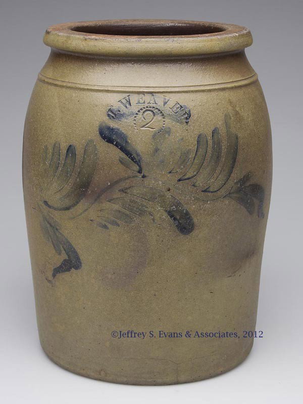 SIGNED "J. WEAVER" WESTERN PENNSYLVANIA STONEWARE J: SIGNED "J. WEAVER" WESTERN PENNSYLVANIA STONEWARE JAR, "2" gallon capacity stamp below arched mark, slight-shoulder form with thick rim, free-hand cobalt vine decoration on front. John and George Weav