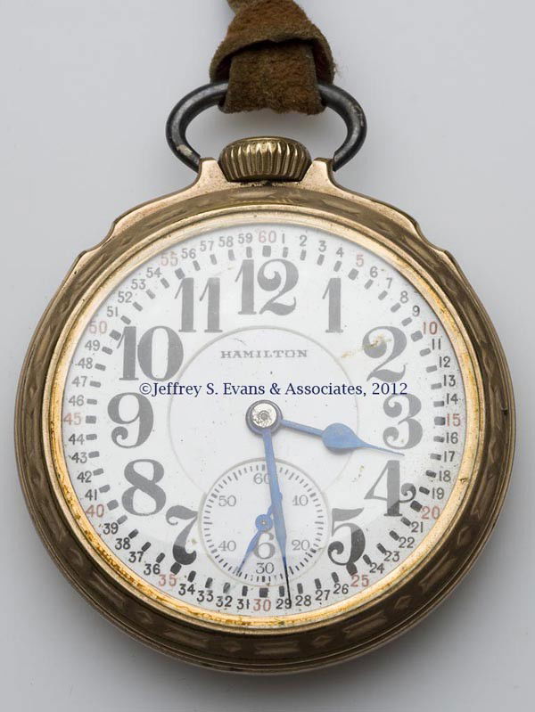 HAMILTON 992 RAILROAD POCKET WATCH: HAMILTON 992 RAILROAD POCKET WATCH, 21 jewels, no. 2522375, gold-filled case marked "HAMILTON / RAILROAD MODEL". Hamilton Watch Co. Circa 1935. 2" D. Provenance: From a Louisiana estate.