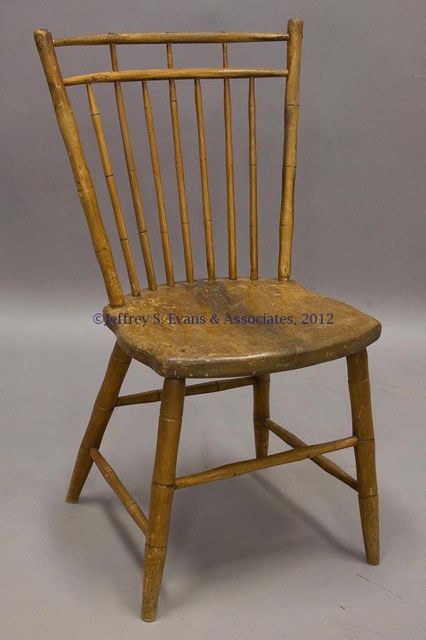 AMERICAN WINDSOR SIDE CHAIR: AMERICAN WINDSOR SIDE CHAIR, bird-cage seven-spindle back above a shaped seat, bamboo-turned legs. First quarter 19th century. 34" H, 17 1/2" H seat. Provenance: Estate collection of Dorothy and Marsh
