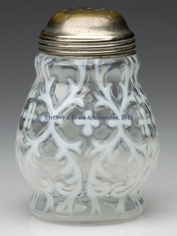 OPALINE BROCADE / SPANISH LACE - WIDE-WAIST SUGAR: OPALINE BROCADE / SPANISH LACE - WIDE-WAIST SUGAR SHAKER, colorless opalescent, period lid. Late 19th/early 20th century. 4 3/4" HOA. Provenance: Estate collection of Dorothy and Marshall Jenkins.