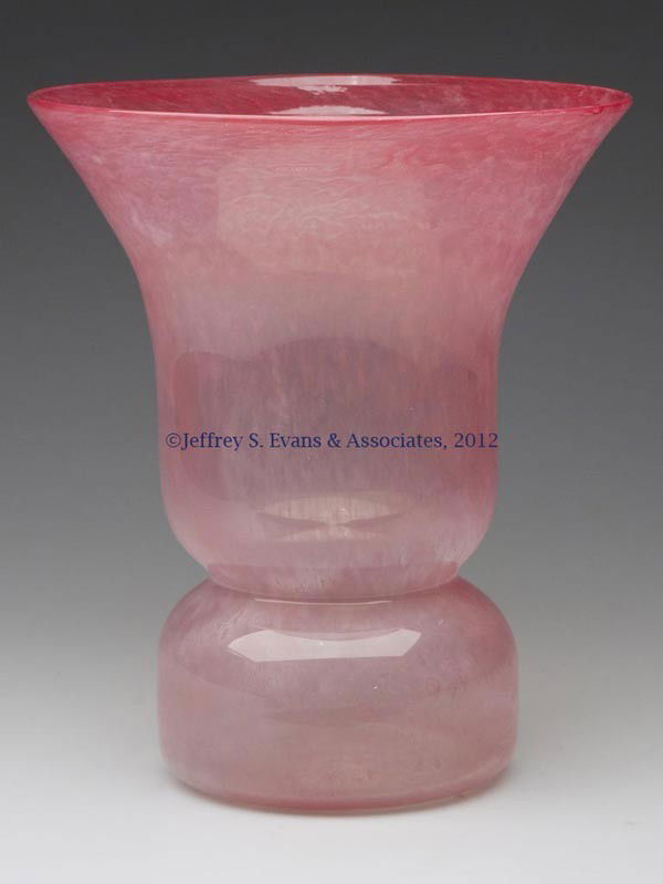 UNIDENTIFIED MONART / VASART-STYLE BLOWN GLASS VAS: UNIDENTIFIED MONART / VASART-STYLE BLOWN GLASS VASE, colorless with mottled rose, polished pontil mark, spurious Schneider signature. 20th century. 10" H, 8 1/2" D.