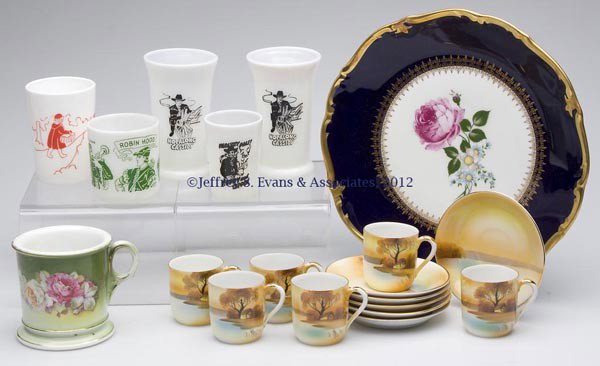 ASSORTED CHINA AND GLASS ARTICLES, LOT OF 19: ASSORTED CHINA AND GLASS ARTICLES, LOT OF 19, including six Noritake "Cottage by the Lake" demitasse cups and saucers and three Hopalong Cassidy milk glass child's glasses. 20th century. Various sizes