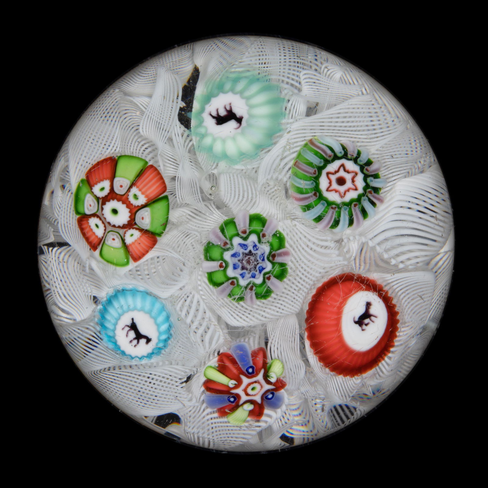 ANTIQUE BACCARAT SILHOUETTE MILLEFIORI ART GLASS MINIATURE PAPERWEIGHT, central multi-colored (1 of 2)