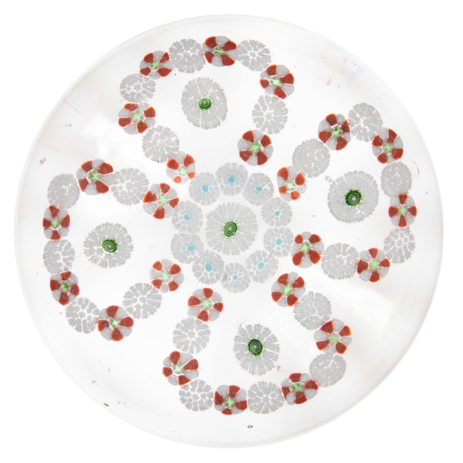 ANTIQUE BACCARAT SHAMROCK GARLAND MILLEFIORI ART GLASS PAPERWEIGHT, central green Stardust cane, (1 of 2)