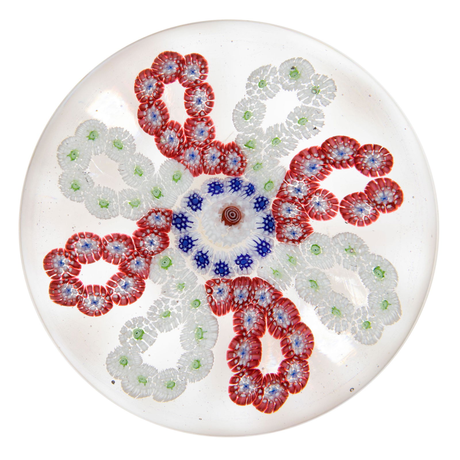 ANTIQUE BACCARAT EIGHT-SPOKE GARLAND MILLEFIORI ART GLASS PAPERWEIGHT, central red Stardust cane, (1 of 2)