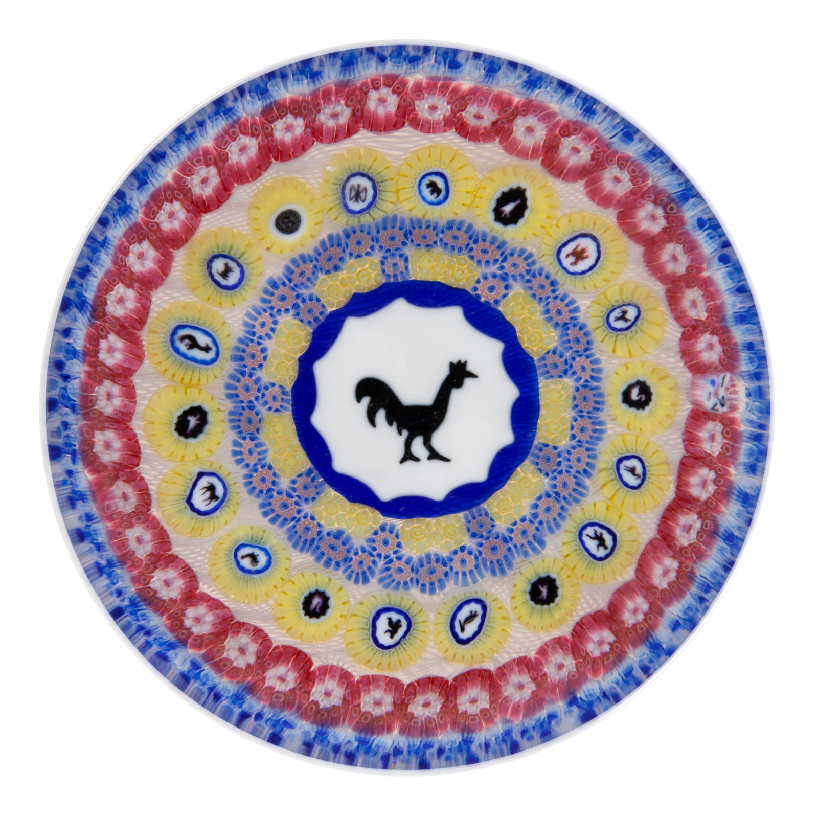 CONTEMPORARY BACCARAT MILLEFIORI GRIDEL PAPERWEIGHT, with central large black and white rooster (1 of 2)