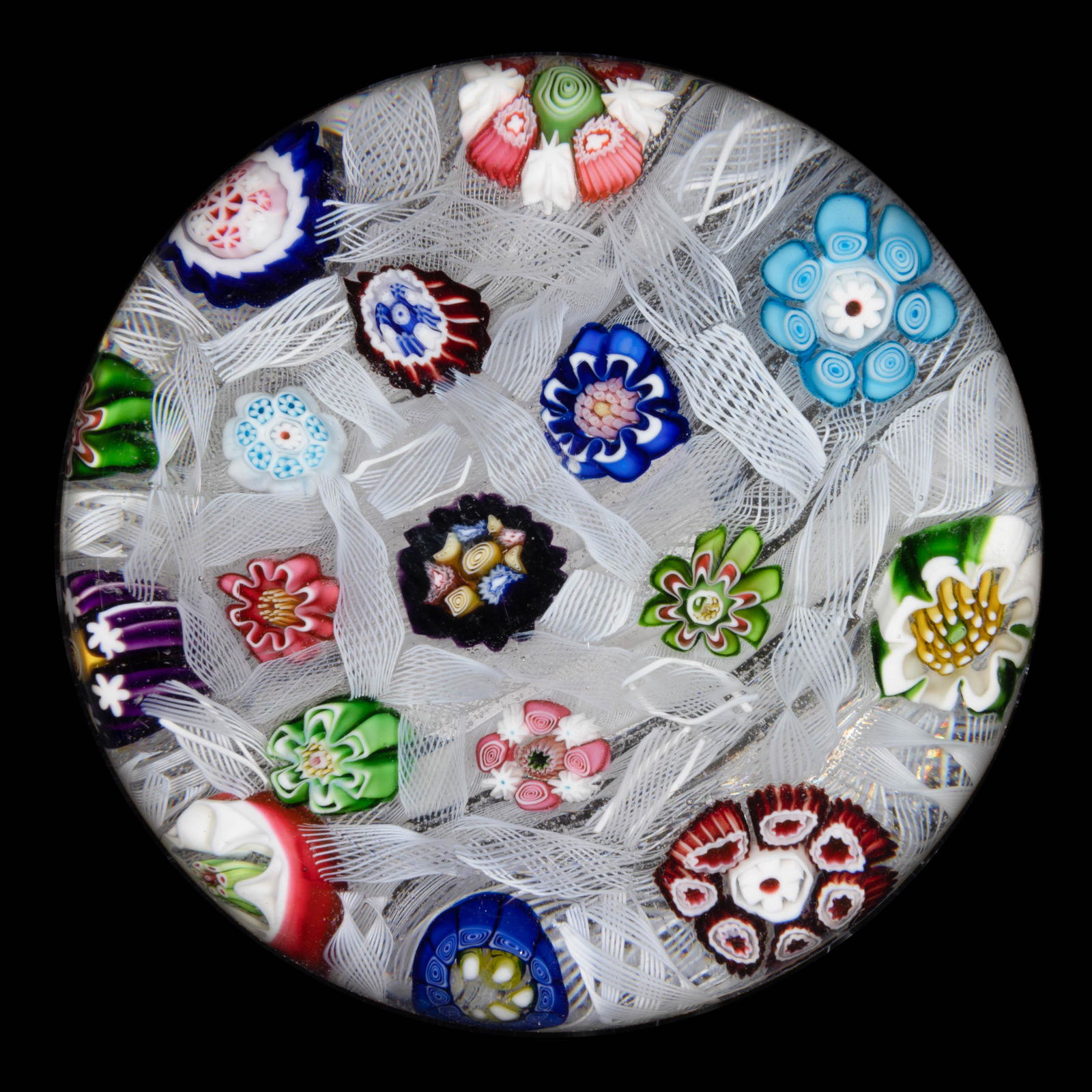 ANTIQUE CLICHY CHEQUER MILLEFIORI ART GLASS PAPERWEIGHT, central black/deep amethyst complex cane (1 of 2)