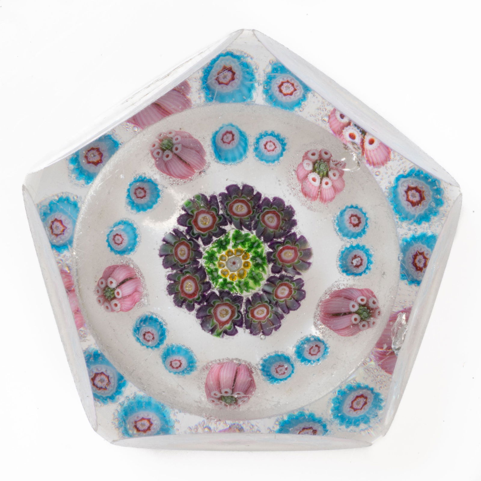 ANTIQUE CLICHY CONCENTRIC MILLEFIORI ART GLASS MINIATURE PAPERWEIGHT, cut-faceted with a circular (1 of 2)