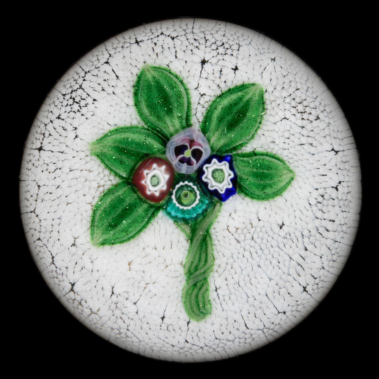 PARABELLE NOSEGAY MILLEFIORI AND LAMPWORK ART GLASS MINIATURE PAPERWEIGHT, central four millefiori (1 of 2)