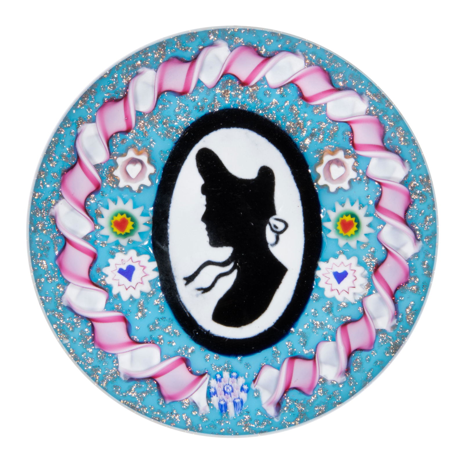 CHARLES KAZIUN JR. (AMERICAN, 1919-1992) PORTRAIT LAMPWORK PAPERWEIGHT, central large oval (1 of 2)