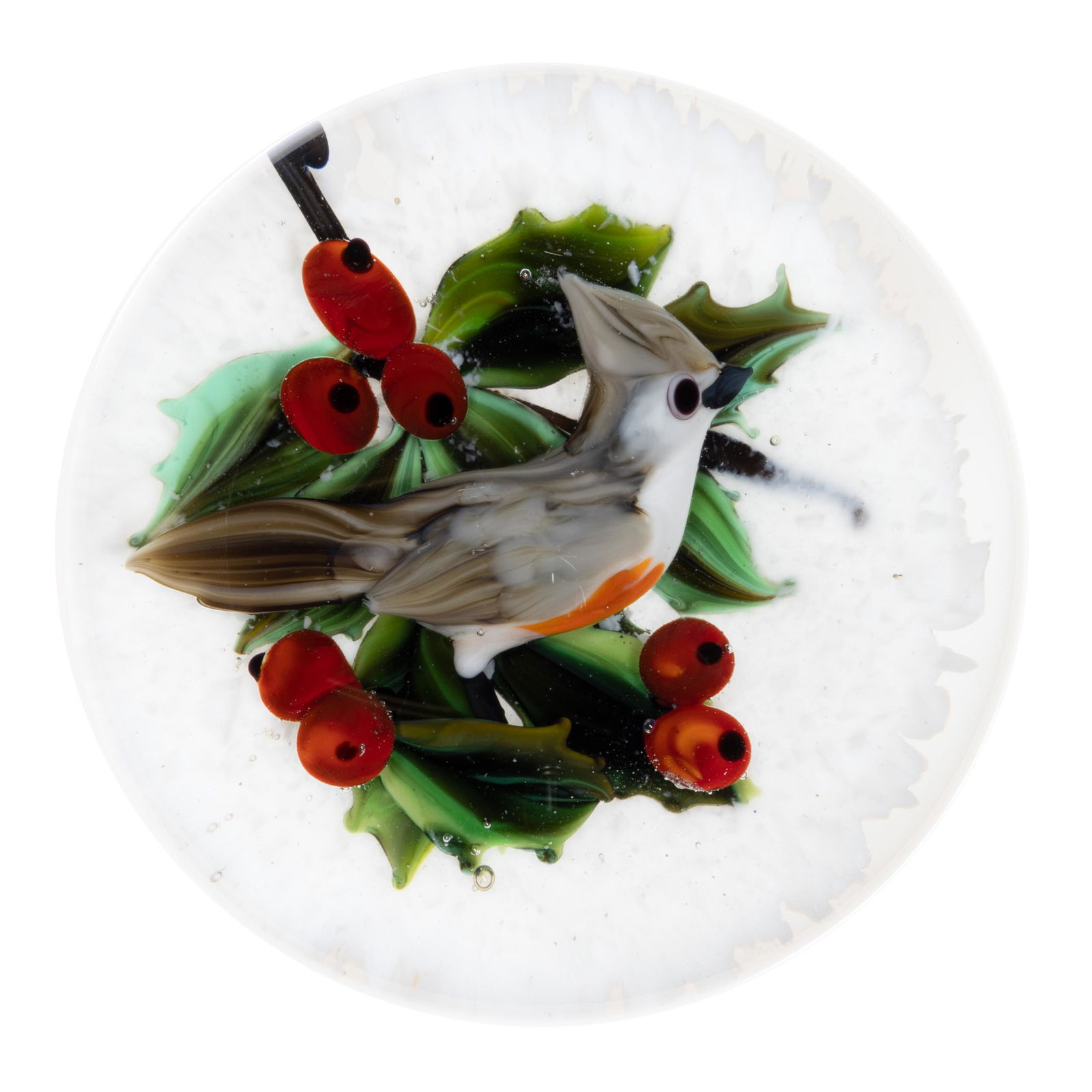 RICK AYOTTE (AMERICAN, B. 1944) TUFTED TITMOUSE LAMPWORK STUDIO ART GLASS MINIATURE PAPERWEIGHT, (1 of 2)
