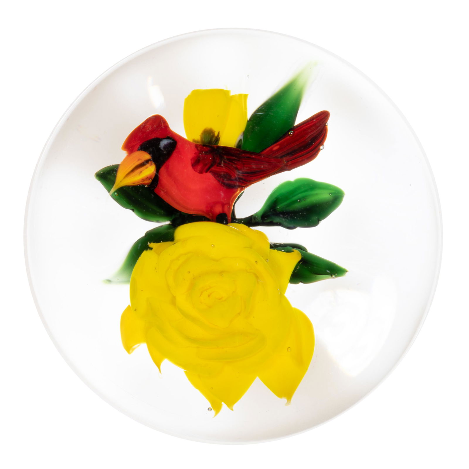 RICK AYOTTE (AMERICAN, B. 1944) CARDINAL AND ROSE LAMPWORK STUDIO ART GLASS MINIATURE PAPERWEIGHT, (1 of 2)