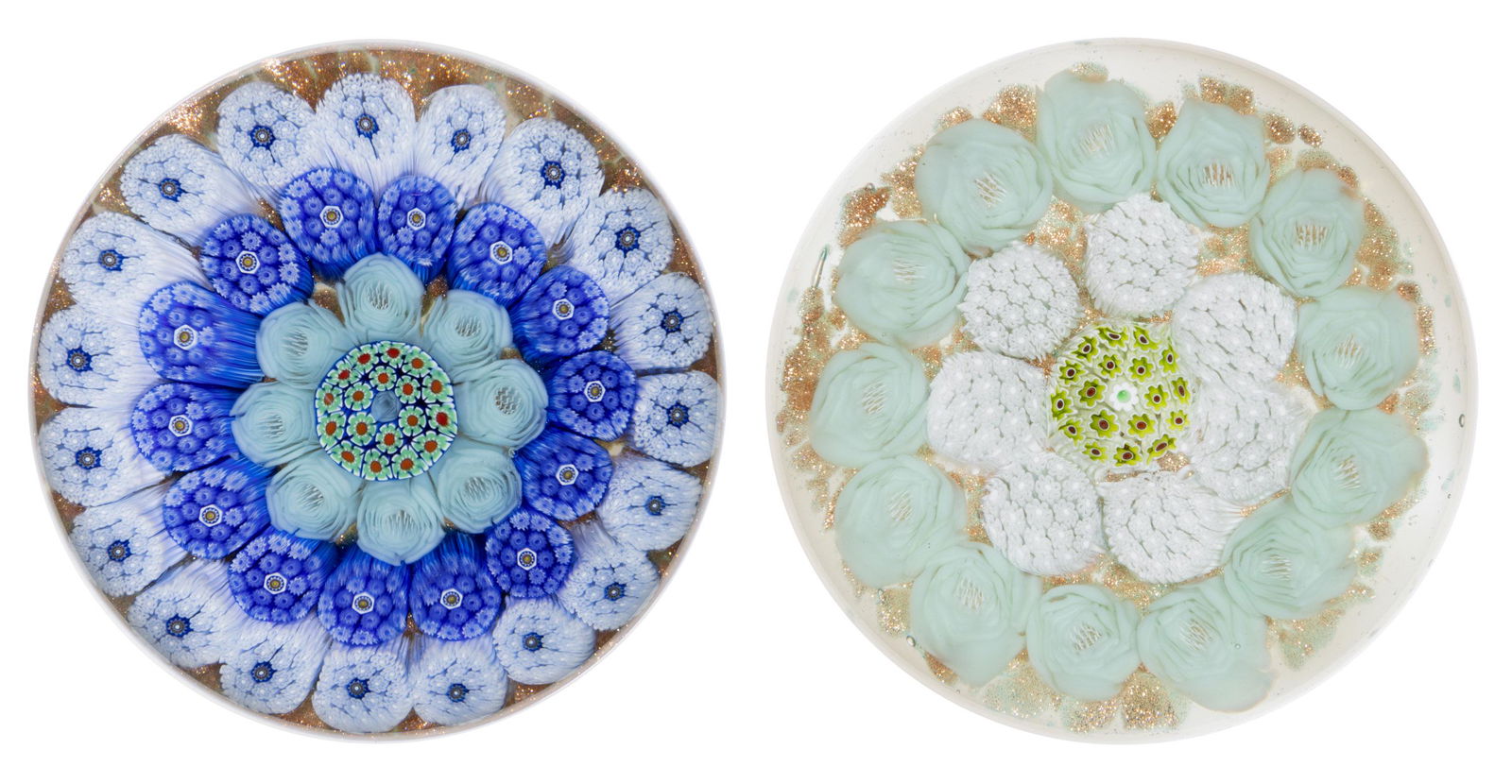 JAMES HART (AMERICAN, XX/XXI) CONCENTRIC MILLEFIORI STUDIO ART GLASS PAPERWEIGHTS, LOT OF TWO, (1 of 4)