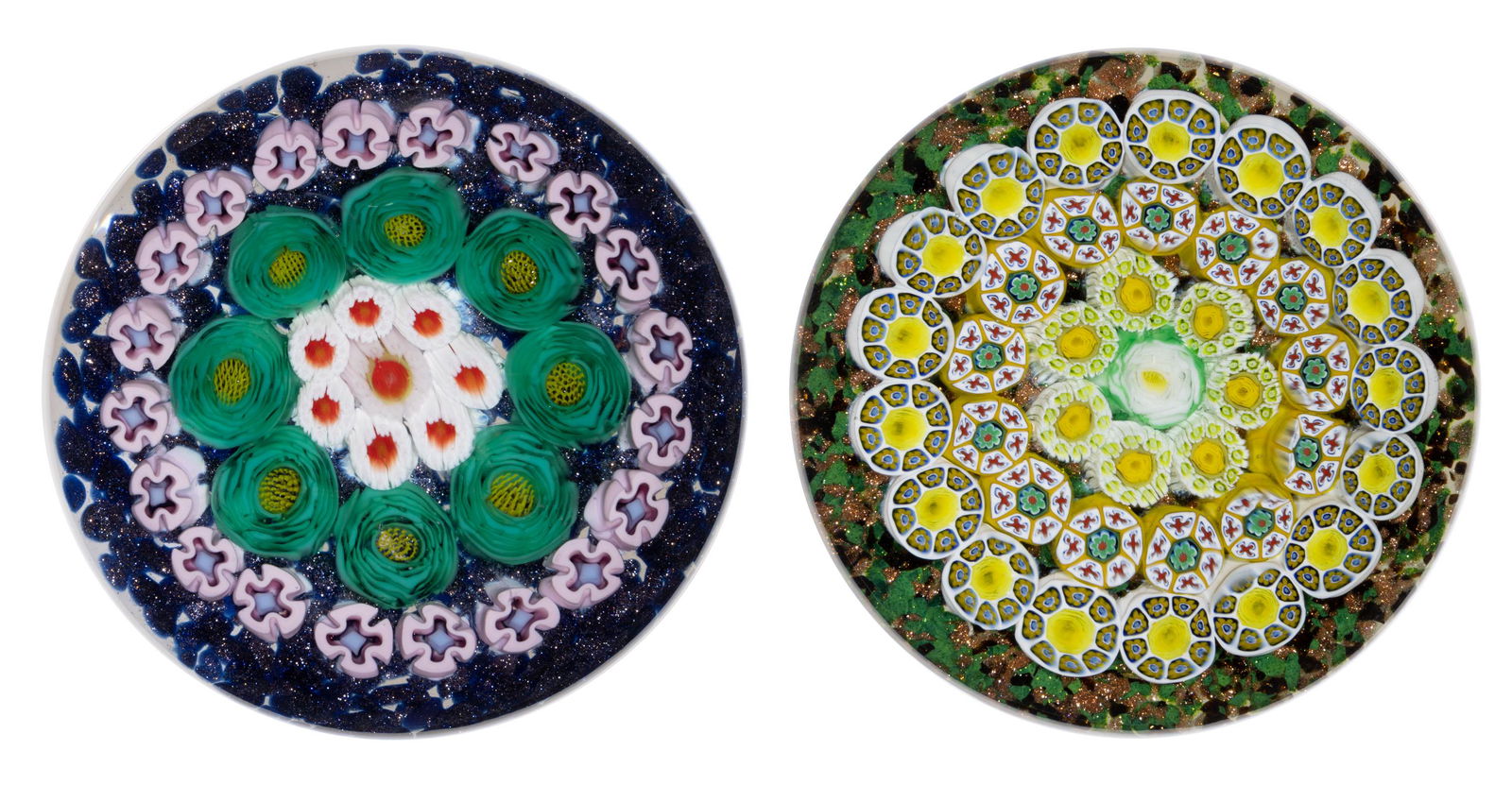 JAMES HART (AMERICAN, XX/XXI) CONCENTRIC MILLEFIORI STUDIO ART GLASS PAPERWEIGHTS, LOT OF TWO, (1 of 4)