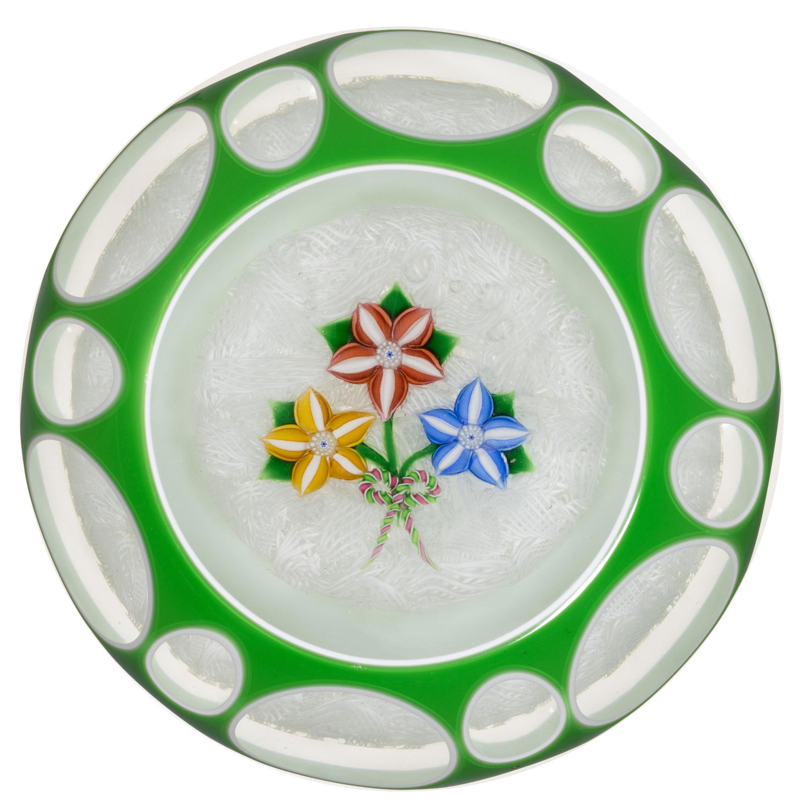 JOHN DEACONS (SCOTTISH, B. 1950) DOUBLE-OVERLAY THREE-FLOWER BOUQUET LAMPWORK STUDIO ART GLASS (1 of 2)