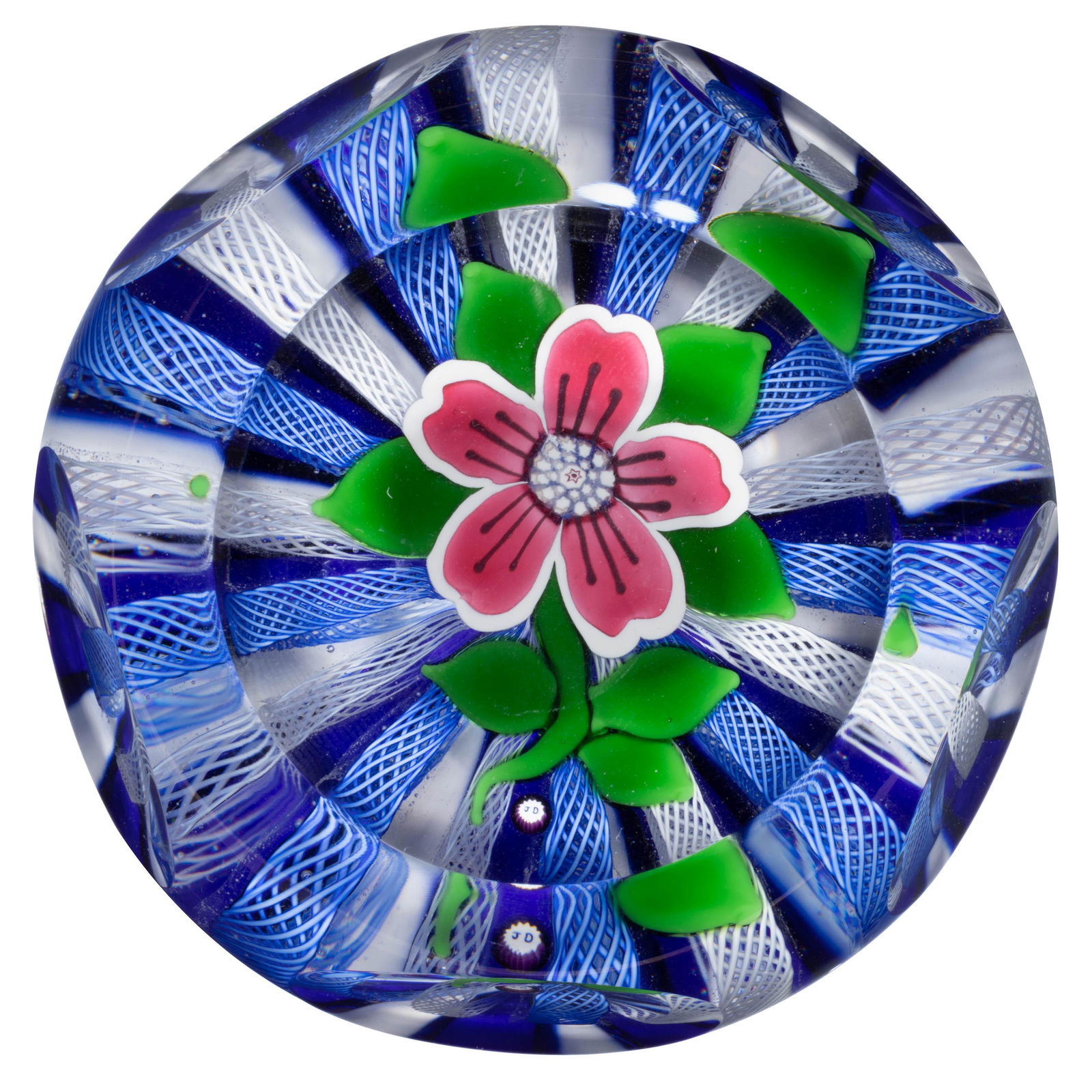 JOHN DEACONS (SCOTTISH, B. 1950) DOGROSE LAMPWORK STUDIO ART GLASS PIEDOUCHE PAPERWEIGHT, (1 of 2)