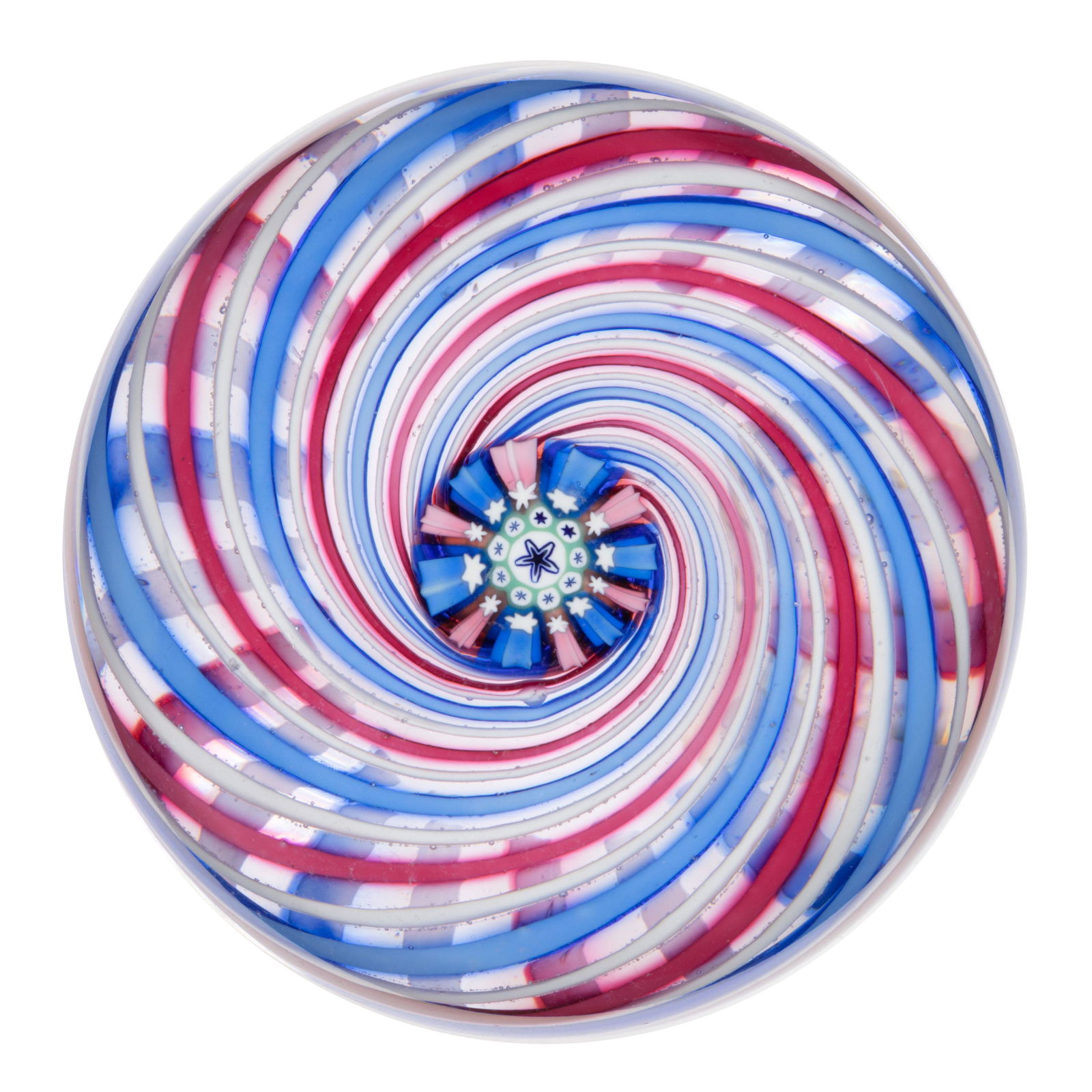 JOHN DEACONS (SCOTTISH, B. 1950) THREE-COLOR SWIRL STUDIO ART GLASS PAPERWEIGHT, central blue and (1 of 2)